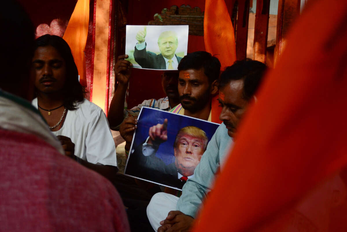 Activists of Vishwa Hindu Parishad (VHP) conduct Hindu rituals to ensure a win for U.S. presidential candidate Donald Trump in Allahabad, India, on May 18, 2016.