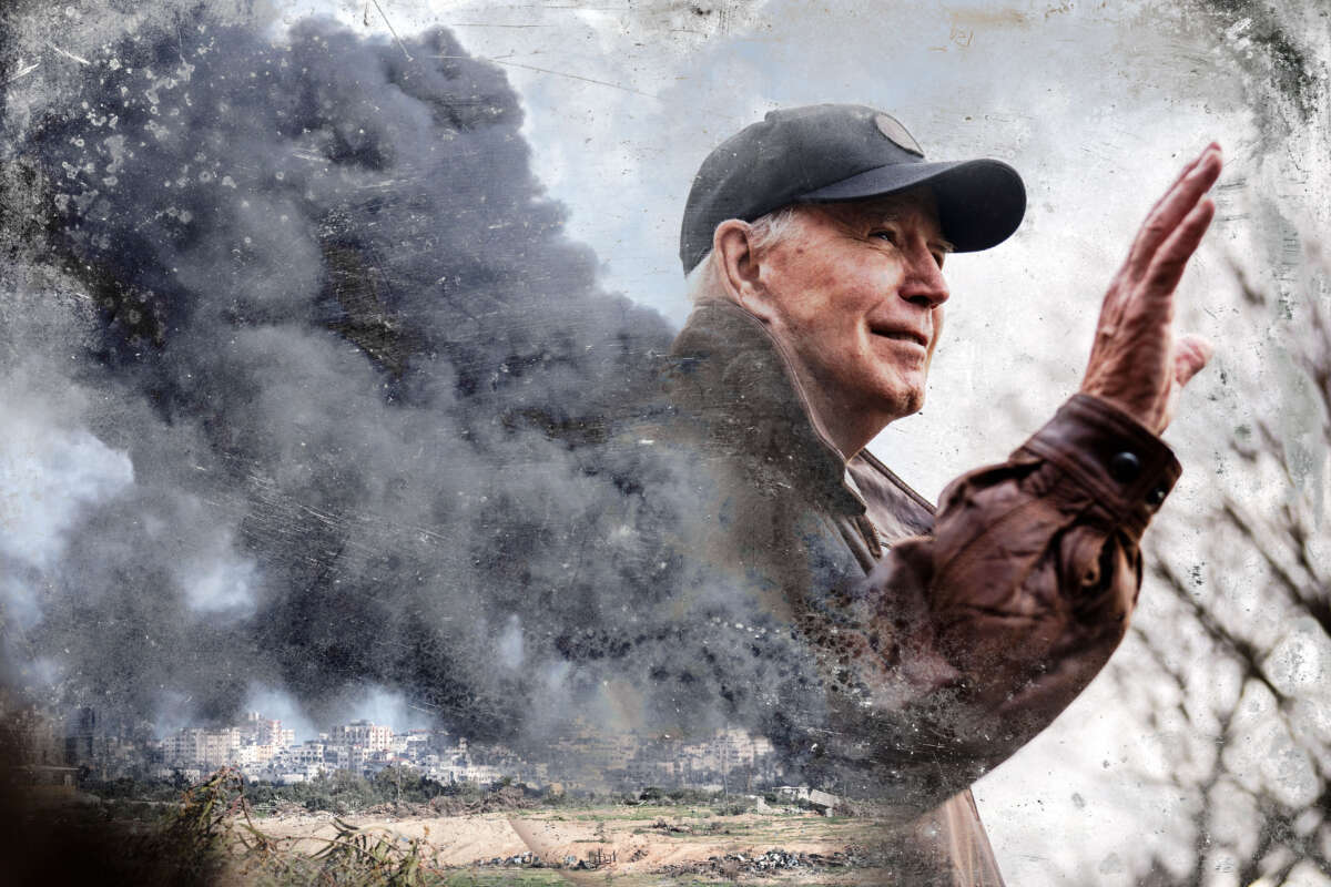 President Joe Biden is pictured in a collage with smoke rising from Israeli airstrikes on the Gaza Strip