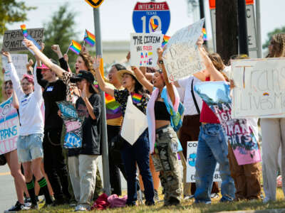 Students protest against Katy ISD's new transgender policy outside the school district's educational support complex on August 30, 2023 in Katy, Texas.