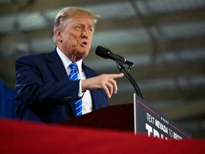 Former President Donald Trump speaks during a campaign event at Big League Dreams Las Vegas on January 27, 2024, in Las Vegas, Nevada.