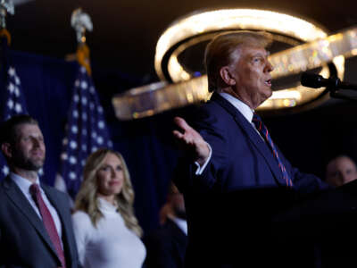 Former President Donald Trump delivers remarks during his primary night rally at the Sheraton on January 23, 2024, in Nashua, New Hampshire.