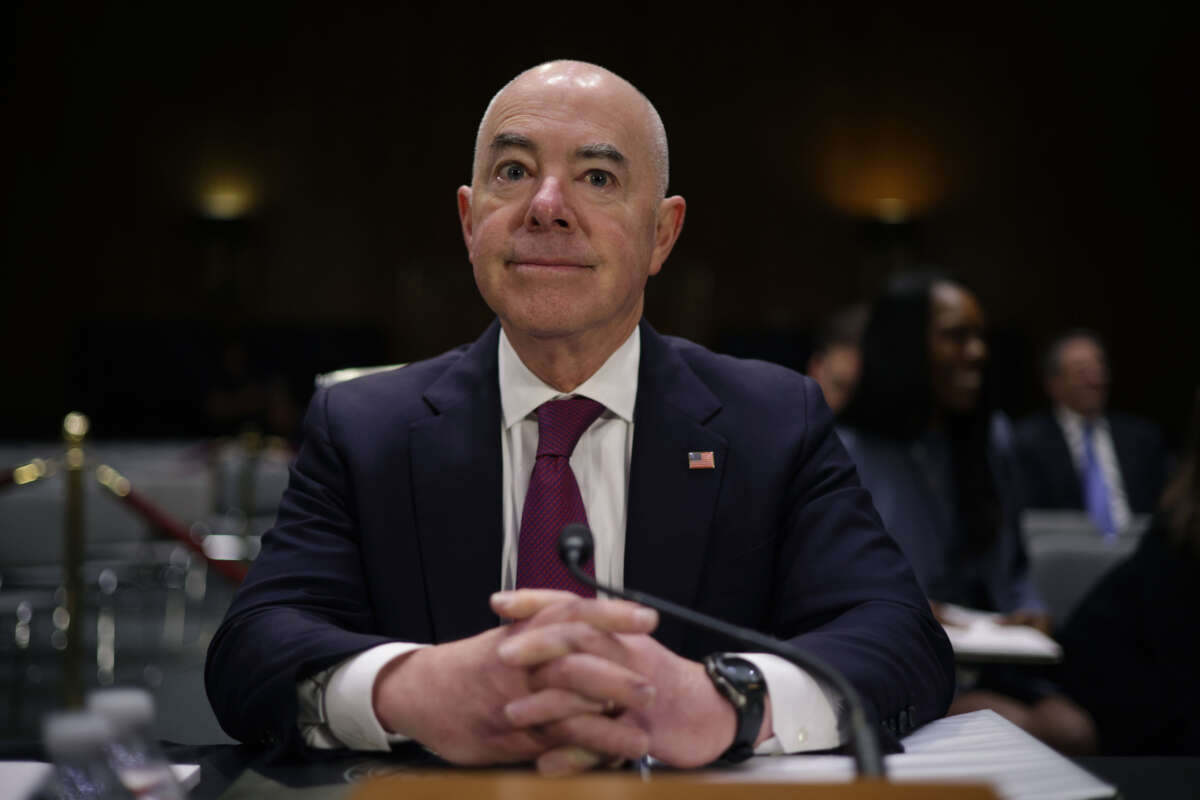Secretary of Homeland Security Alejandro Mayorkas waits for the beginning of a hearing before Senate Appropriations Committee at Dirksen Senate Office Building on November 8, 2023, on Capitol Hill in Washington, D.C.