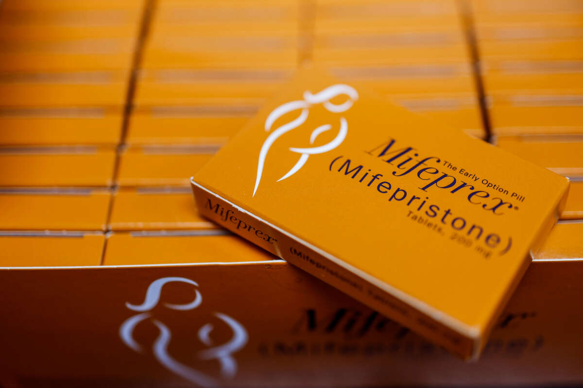 Packages of Mifepristone tablets are displayed at a family planning clinic on April 13, 2023, in Rockville, Maryland.