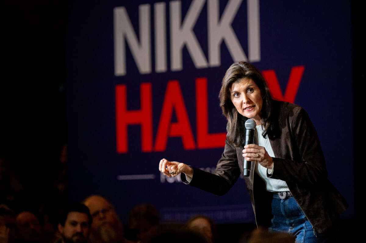 Republican presidential candidate, former U.N. Ambassador Nikki Haley speaks during a campaign rally at the Indigo Hall and Events venue on February 5, 2024, in Spartanburg, South Carolina.