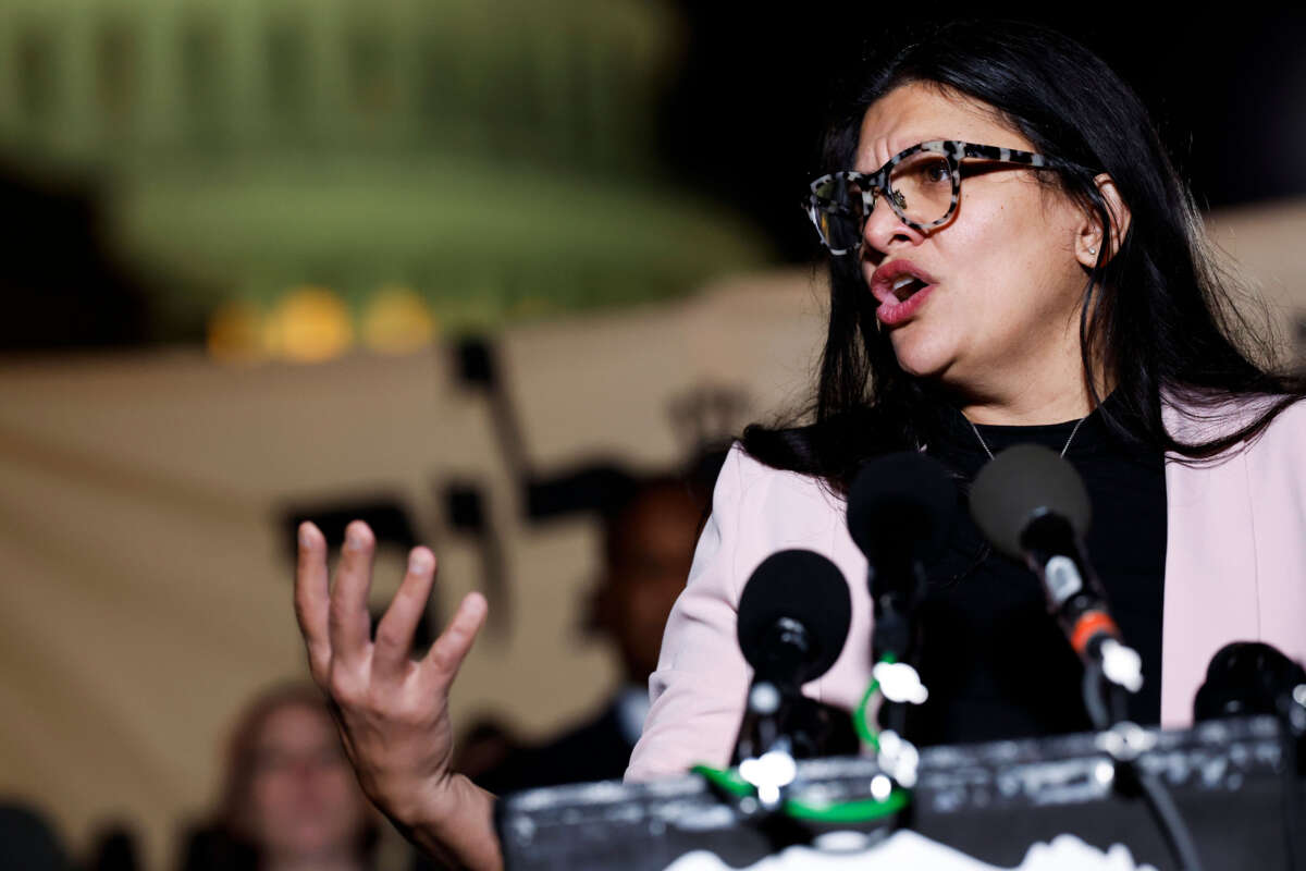 Rep. Rashida Tlaib speaks at a news conference to call for a ceasefire in Gaza outside the U.S. Capitol building on November 13, 2023, in Washington, D.C.