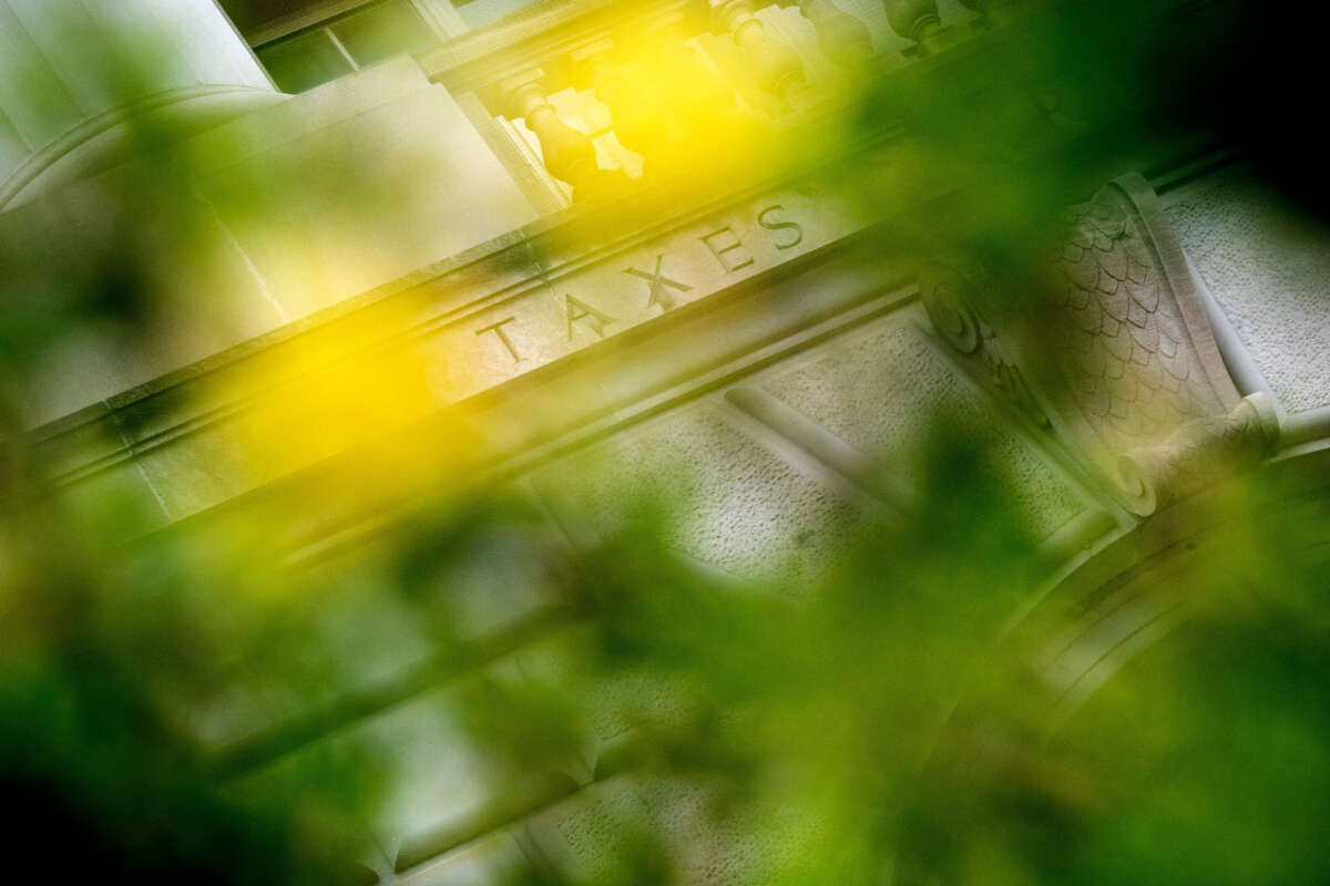 The word 'taxes' is seen on the Internal Revenue Service building in Washington, D.C., on April 5, 2022.