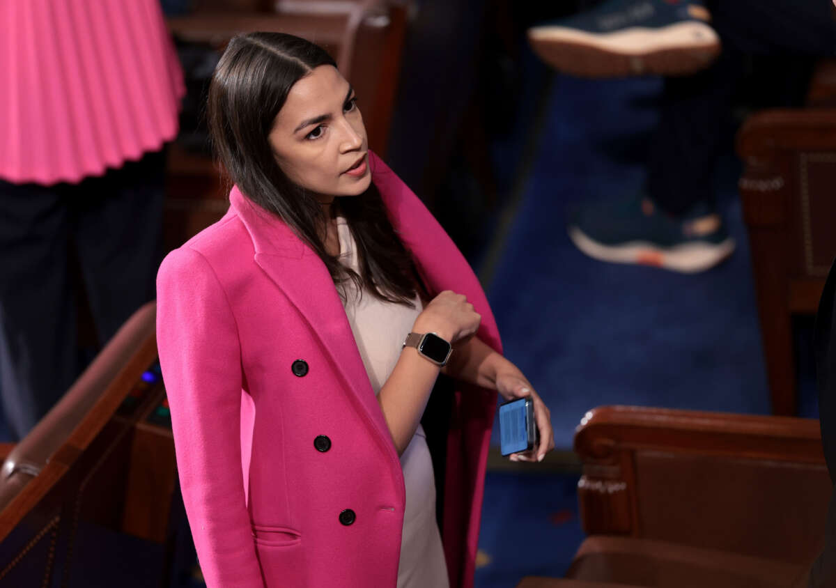 Rep. Alexandria Ocasio-Cortez arrives as the House of Representatives holds an election for a new Speaker of the House at the U.S. Capitol on October 25, 2023, in Washington, D.C.