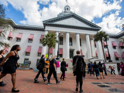 Advocates for bodily autonomy march to the Florida Capitol to protest a bill before the Florida legislature to limit abortions on February 16, 2022, in Tallahassee, Florida.