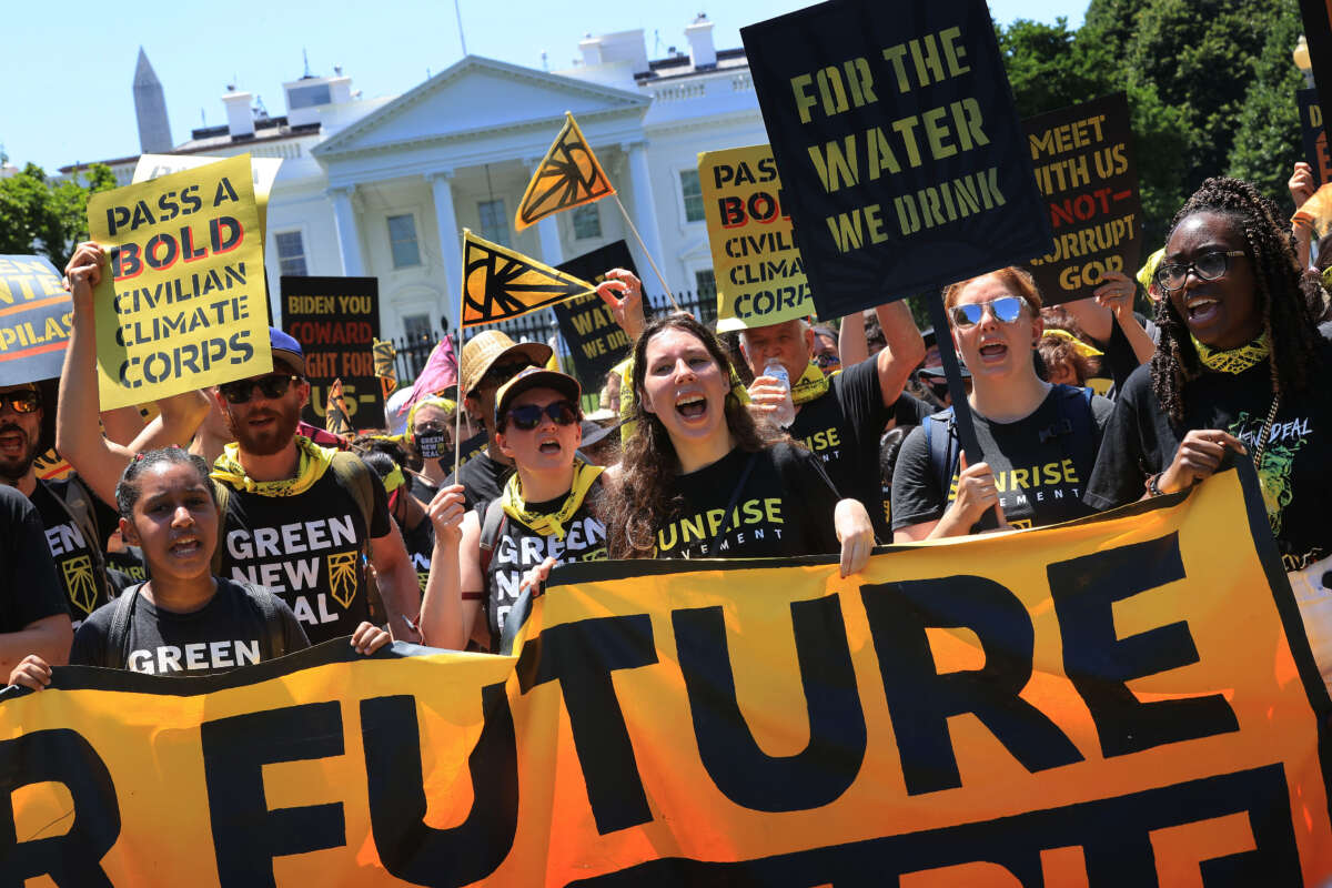 Hundreds of young climate activists rally in Lafayette Square on the north side of the White House to demand that President Joe Biden work to make the Green New Deal into law on June 28, 2021, in Washington, D.C.