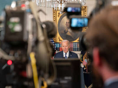 President Joe Biden delivers remarks in the Diplomatic Reception Room of the White House on February 8, 2024, in Washington, D.C.