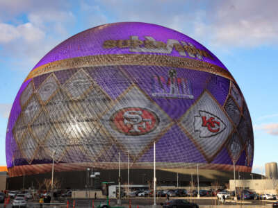 The Sphere on the Las Vegas Strip is seen displaying Super Bowl LVIII signage ahead of Super Bowl LVIII on February 8, 2024, in Las Vegas, Nevada.