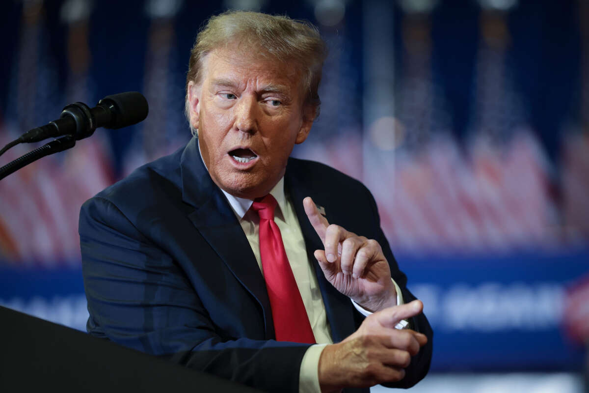 Former President Donald Trump speaks during a rally at Coastal Carolina University on February 10, 2024, in Conway, South Carolina.