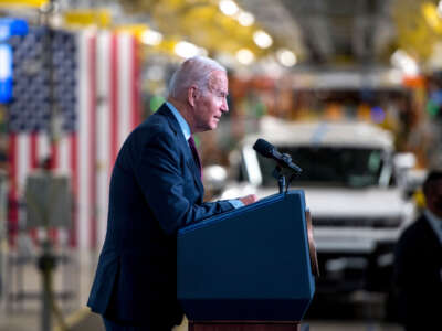 President Joe Biden speaks at the General Motors Factory ZERO electric vehicle assembly plant on November 17, 2021, in Detroit, Michigan.