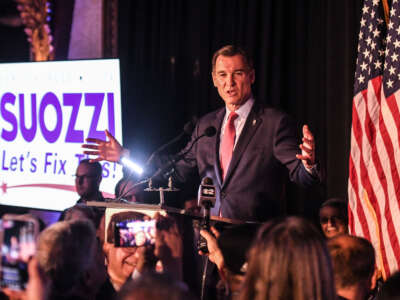 Democratic House candidate Tom Suozzi speaks following his victory in the special election to replace Republican Rep. George Santos on February 13, 2024, in Woodbury, New York.