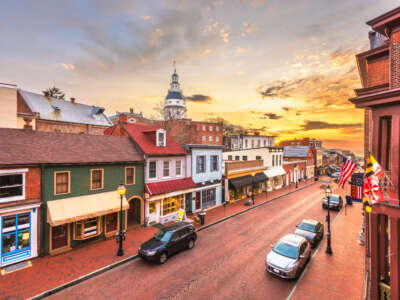 The Maryland State House is seen past downtown in Annapolis, Maryland.