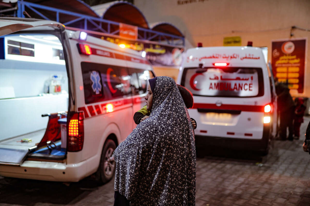 Injured Palestinians are brought to Kuwait Hospital for treatment following Israeli attacks on Rafah City in the south of Gaza on February 12, 2024.