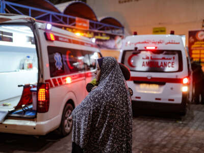 Injured Palestinians are brought to Kuwait Hospital for treatment following Israeli attacks on Rafah City in the south of Gaza on February 12, 2024.