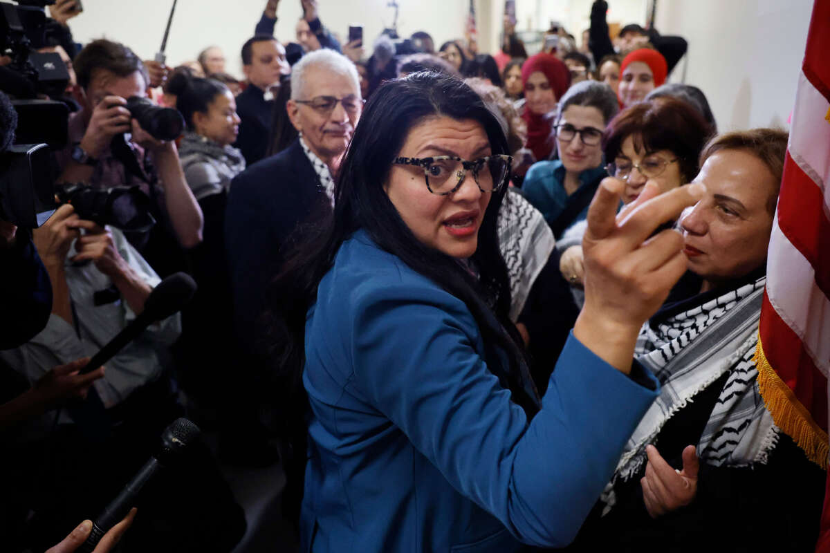 Rep. Rashida Tlaib greets demonstrators with Code Pink for Peace outside her office in the Rayburn House Office Building as they rallied on Capitol Hill in support of Palestinians and to demand a ceasefire in Gaza on February 15, 2024, in Washington, D.C.