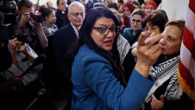 Rep. Rashida Tlaib greets demonstrators with Code Pink for Peace outside her office in the Rayburn House Office Building as they rallied on Capitol Hill in support of Palestinians and to demand a ceasefire in Gaza on February 15, 2024, in Washington, D.C.