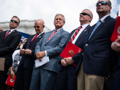 From left, Representatives Andy Ogles, Keith Self, Ralph Norman, Matt Rosendale and Bob Good conduct a news conference with members of the House Freedom Caucus on the fiscal year 2024 appropriations process, outside the the U.S. Capitol on July 25, 2023.