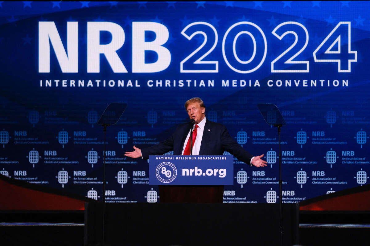 Former President Donald Trump addresses Christian broadcasters at the National Religious Broadcasters (NRB) International Christian Media Convention in Nashville, Tennessee, on February 22, 2024.