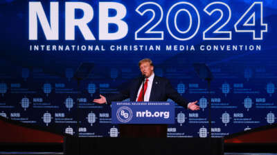 Former President Donald Trump addresses Christian broadcasters at the National Religious Broadcasters (NRB) International Christian Media Convention in Nashville, Tennessee, on February 22, 2024.