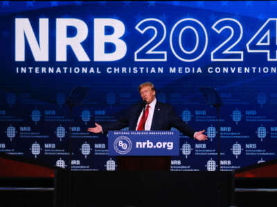 Former President Donald Trump addresses Christian broadcasters at the National Religious Broadcasters (NRB) International Christian Media Convention in Nashville, Tennessee, on February 22, 2024.