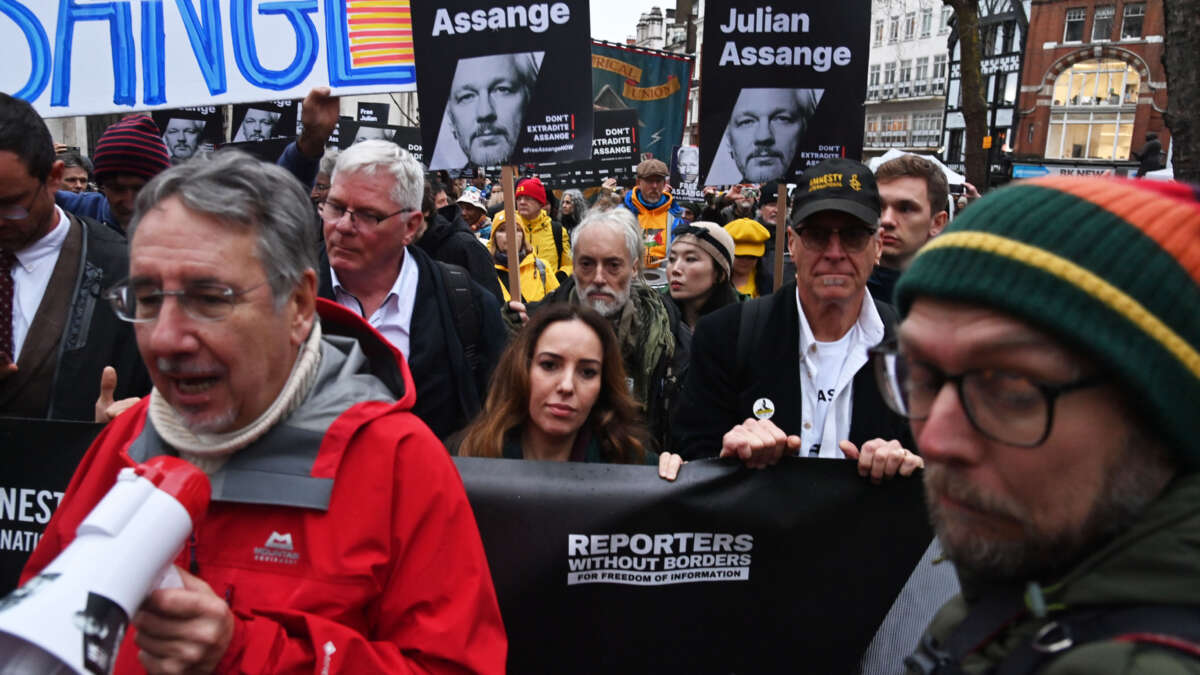 Stella Assange (center-left) attends the rally for Julian Assange on February 21, 2024, in London, England.