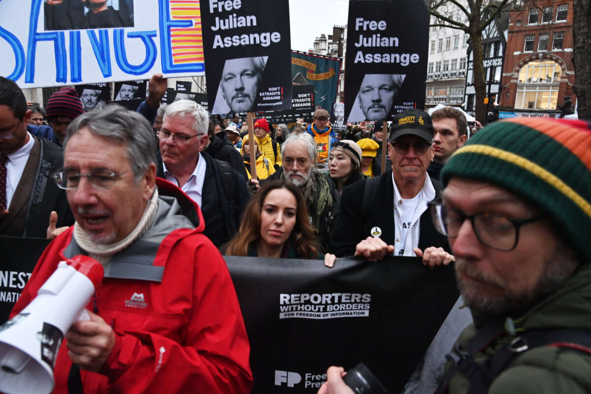 Stella Assange (center-left) attends the rally for Julian Assange on February 21, 2024, in London, England.