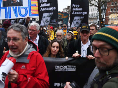 Stella Assange (center-left) attends the rally for Julian Assange on February 21, 2024, in London, England.