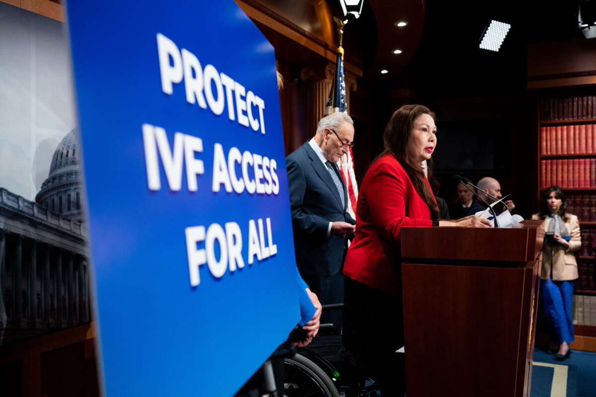 Sen. Tammy Duckworth speaks during Senate Democrats' news conference in the Capitol on February 27, 2024, to discuss the Alabama Supreme Court ruling on in vitro fertilization (IVF).