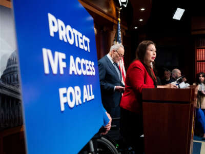 Sen. Tammy Duckworth speaks during Senate Democrats' news conference in the Capitol on February 27, 2024, to discuss the Alabama Supreme Court ruling on in vitro fertilization (IVF).