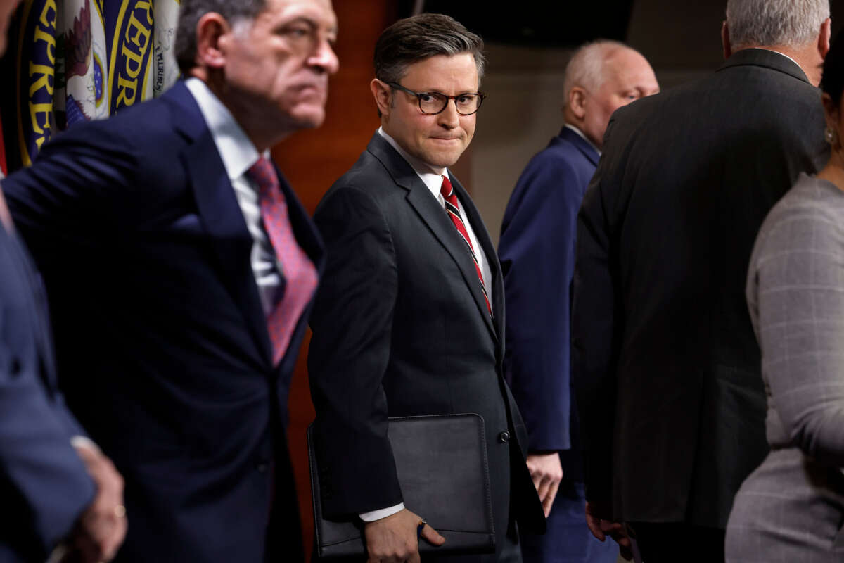 Speaker of the House Mike Johnson (center) is joined by fellow GOP House leaders for a news conference at the U.S. Capitol Visitors Center on February 14, 2024, in Washington, D.C.