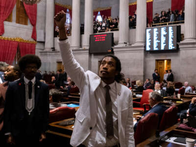 Democratic state Rep. Justin Jones of Nashville gestures during a vote on his expulsion from the state legislature at the State Capitol Building on April 6, 2023, in Nashville, Tennessee.