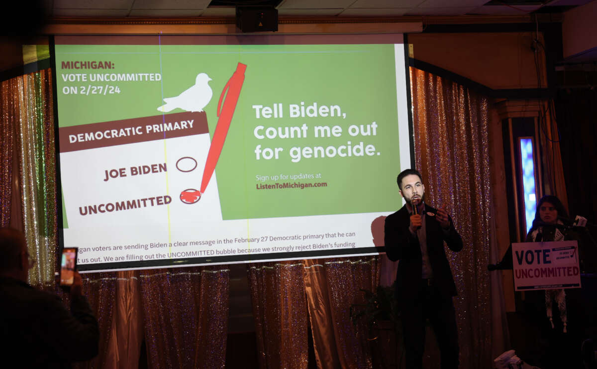 Dearborn Mayor Abdullah Hammoud delivers remarks at an "Uncommitted for Joe Biden" primary election night watch party at Adonis restaurant on February 27, 2024, in Dearborn, Michigan.