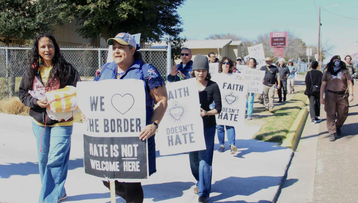 Amerika García Grewal leads supporters in a march from San Juan Park toward Shelby Park on February 4, 2024, in Eagle Pass, Texas.