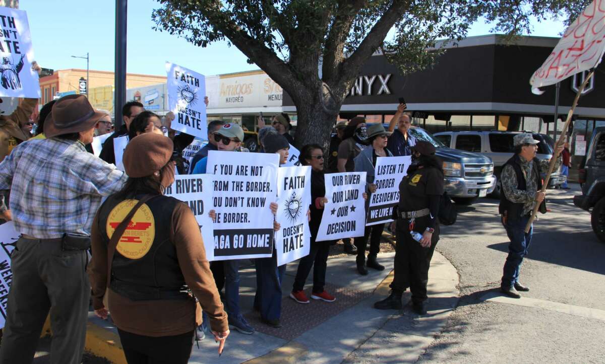 Area residents from Eagle Pass and Laredo rally at the intersection of Main and Commercial Streets just outside Shelby Park on February 4, 2024, in Eagle Pass, Texas.