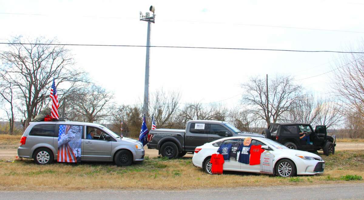 Supporters of the "Take Our Border Back" convoy of Christian nationalists park outside the Cornerstone Children's Ranch before the arrival of the caravan on February 2, 2024, in Quemado, Texas.