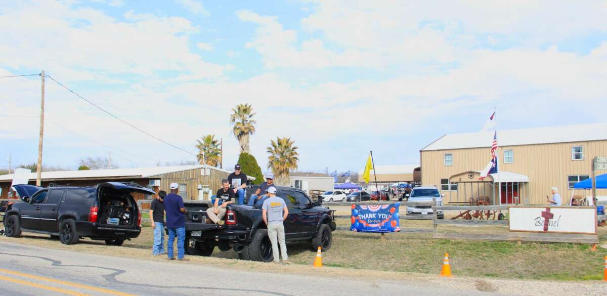 Supporters of the “Take Our Border Back” convoy of Christian nationalists tailgate outside the Cornerstone Children’s Ranch before the arrival of the caravan on February 2, 2024, in Quemado, Texas.