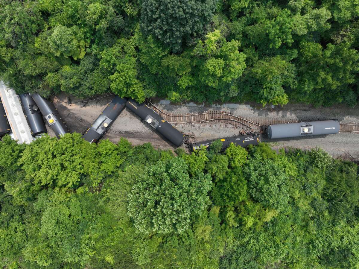 An aerial view of a derailed freight train near Whitemarsh Township, Philadelphia, Pennsylvania, on July 17, 2023.