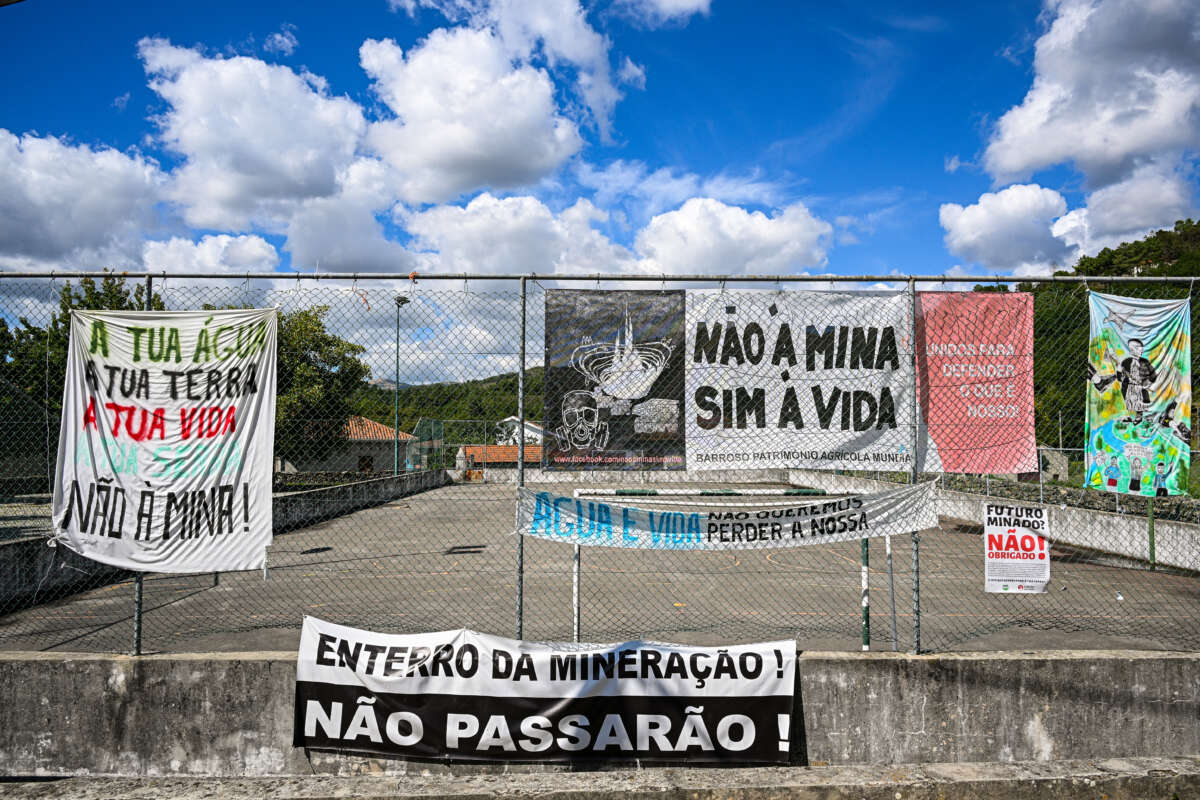 Posters with slogans against the construction of the lithium mine are seen in the center of Covas do Barroso on September 19, 2023, Boticas, Portugal.