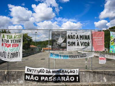 Posters with slogans against the construction of the lithium mine are seen in the center of Covas do Barroso on September 19, 2023, Boticas, Portugal.