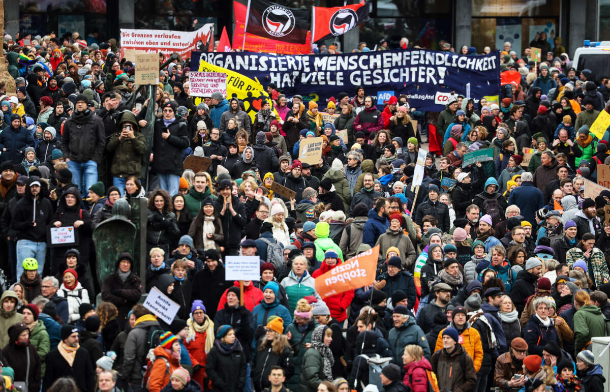 A demonstration against right-wing extremism and the AfD marches through the city center in Bremen, Germany, on February 4, 2024.