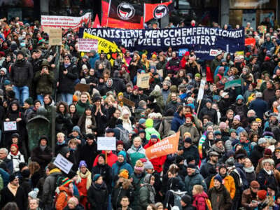 A demonstration against right-wing extremism and the AfD marches through the city center in Bremen, Germany, on February 4, 2024.
