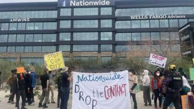 Organizers who attended the Nationwide Summit to Stop Cop City in Tucson, Arizona, rallied outside the primary insurer of the Cop City project in Scottsdale, Arizona, on February 26, 2024.