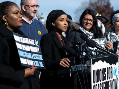 Representatives Ilhan Omar (center), Democrat of Minnesota, speaks alongside Rashida Tlaib (2nd right) and Cori Bush (left) during a press conference with union leaders and supporters of a ceasefire in Gaza outside the U.S. Capitol in Washington, D.C., on December 14, 2023.