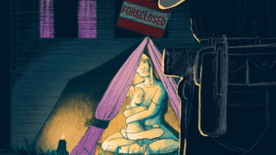 A digital illustration of a woman holding her daughter as they huddle together in a tent outside of their foreclosed home, as a police officer approaches them with crossed arms, his gun clearly visible.