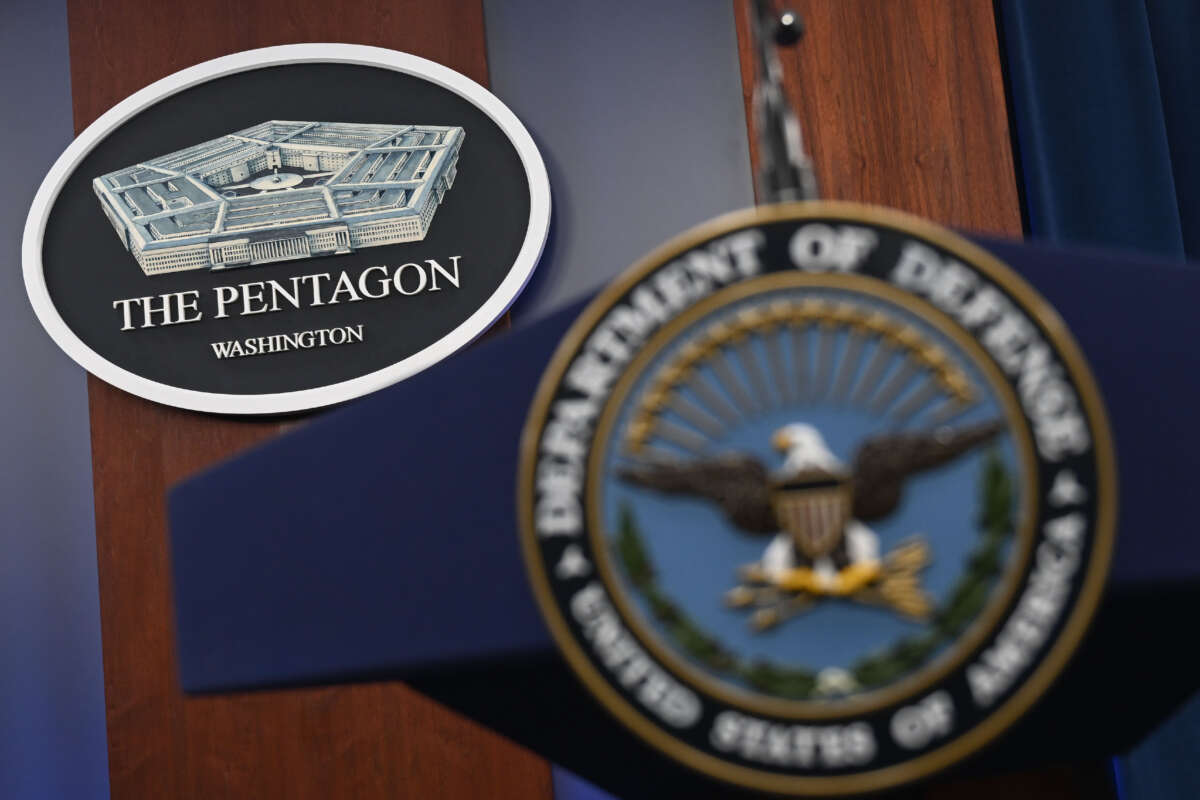 Pentagon logo is seen ahead of a press conference at the Pentagon in Washington D.C., on October 17, 2023.