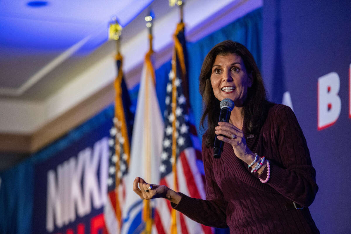 Republican presidential hopeful and former UN Ambassador Nikki Haley speaks to supporters during a campaign rally in Needham, Massachusetts, on March 2, 2024.