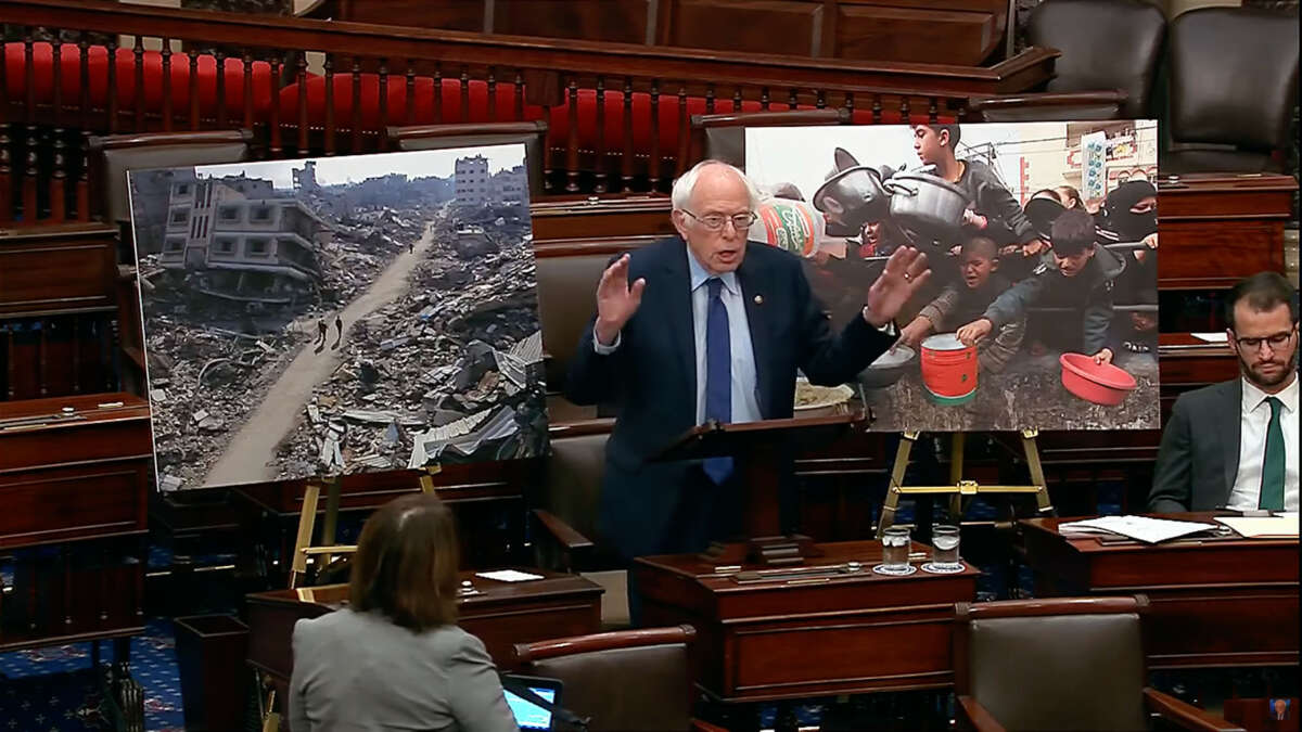 Sen. Bernie Sanders delivers a speech on the floor of the U.S. Senate on March 6, 2023.